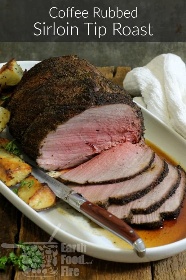 pinterest image featuring a sliced sirloin tip roast crusted with coffee on a hwite platter, overlaid with a banner reading 