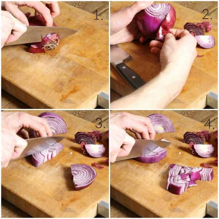 collage of images showing how to trim, peel, and dice a red onion