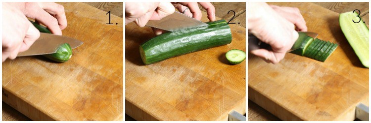 collage of images showing how to trim and slice a cucumber