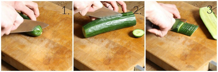 collage of images showing how to trim and slice a cucumber