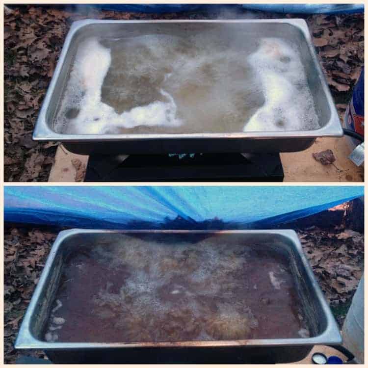 collage of various stages of maple sap in a large pan cooking down.