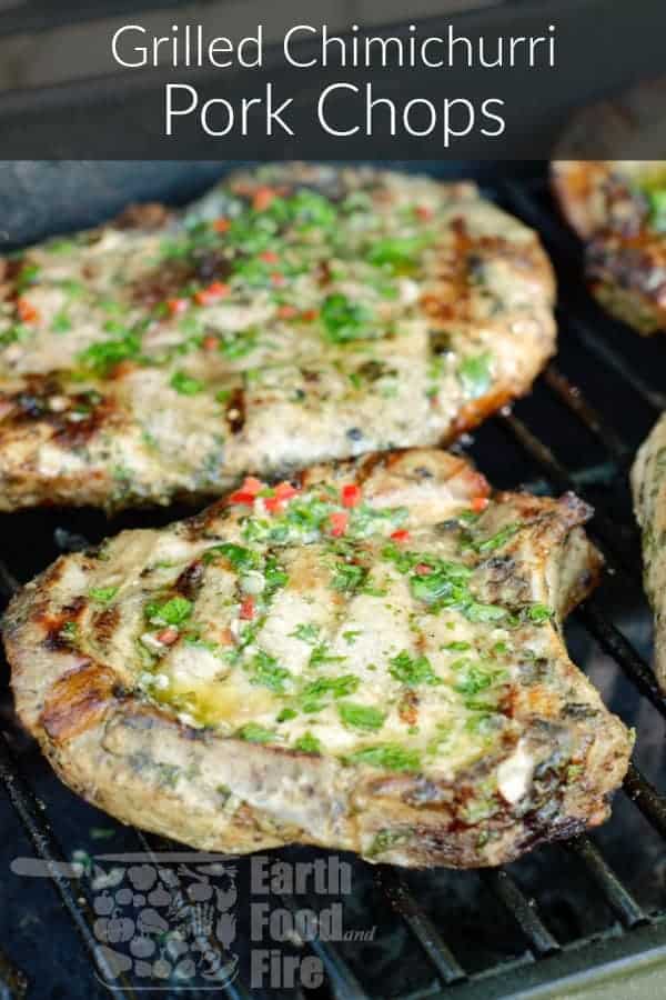 pinterest image of grilled chimichurri pork chops with text overlay