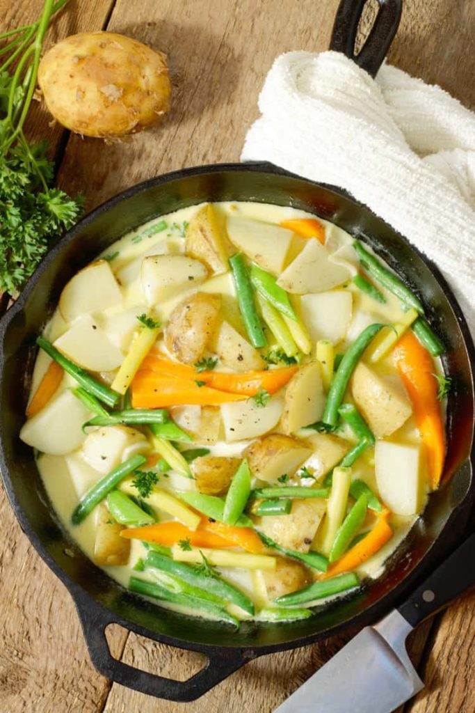 east coast vegetable hodge-podge in a cast iron pan