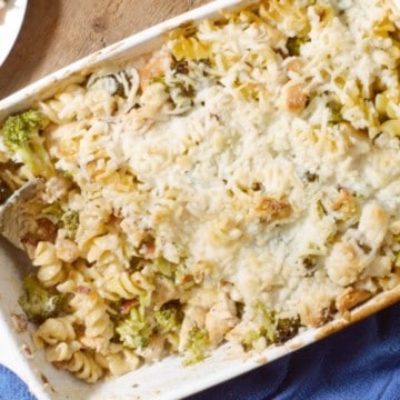 top down shot of a dairy free chicken broccoli casserole being served