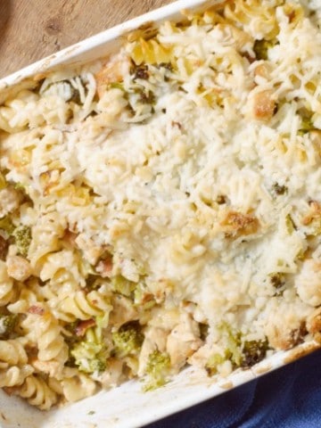 top down shot of a dairy free chicken broccoli casserole being served