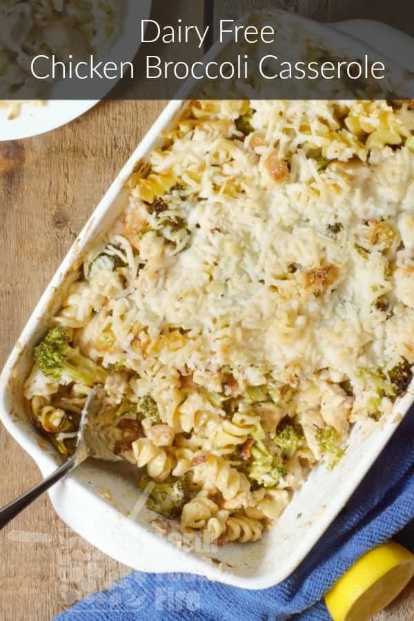 dairy free chicken broccoli casserole being served with a silver spoon