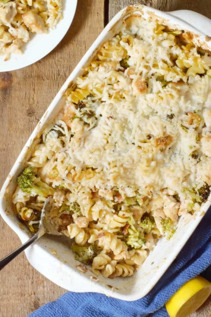 dairy free chicken broccoli casserole served in a white stone dish