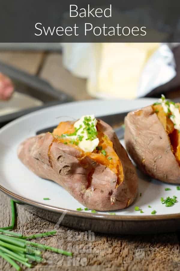 whole baked sweet potatoes served as a side dish and garnished with butter and chives