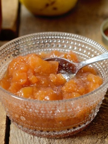 pear preserves served in a small glass dish