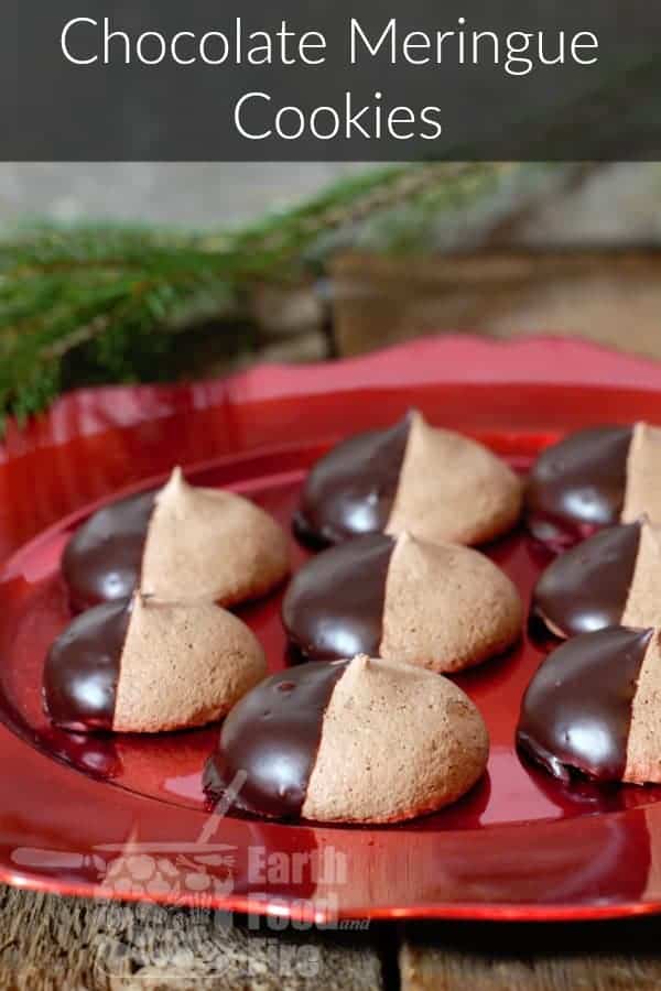 dipped chocolate meringue cookies served on a festive red platter