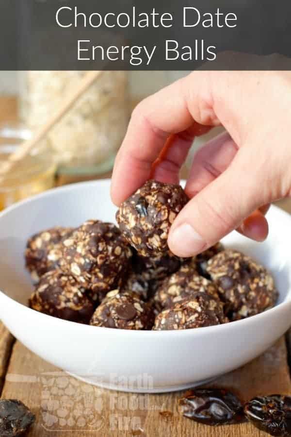 dark chocolate date energy balls in a bowl