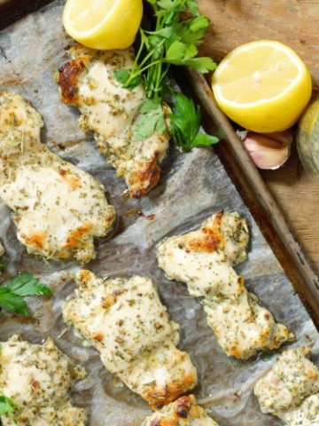 overhead shot of greek marinated chicken thighs on a sheet pan surrounded by various seasonings