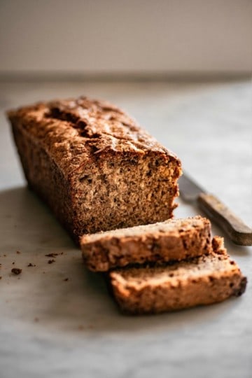 a loaf od sourdough banana bread sliced