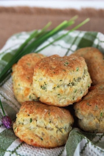 sourdough cheese and chive biscuits on a cloth