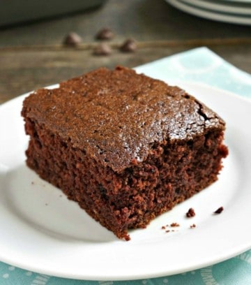 a piece of sourdough chocolate cake on a white plate