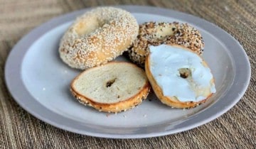 sourdough bagels on a breakfast plate