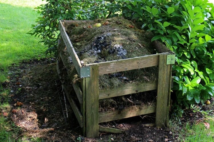 a wooden compost bin filled with rotting material.