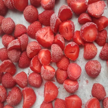 overhead shot of freshly frozen strawberries