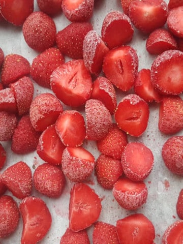 overhead shot of freshly frozen strawberries