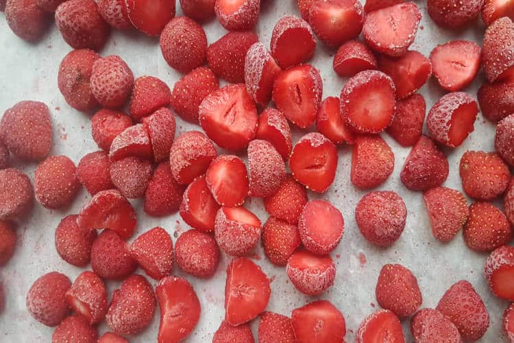 overhead shot of freshly frozen strawberries