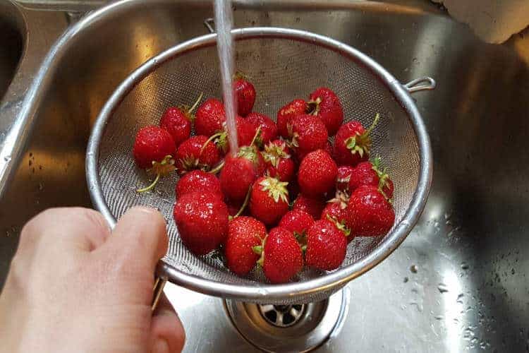 washing strawberries in a mesh sieve under running water