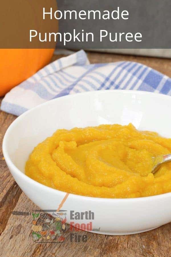 vertical image of homemade pumpkin puree in a white bowl