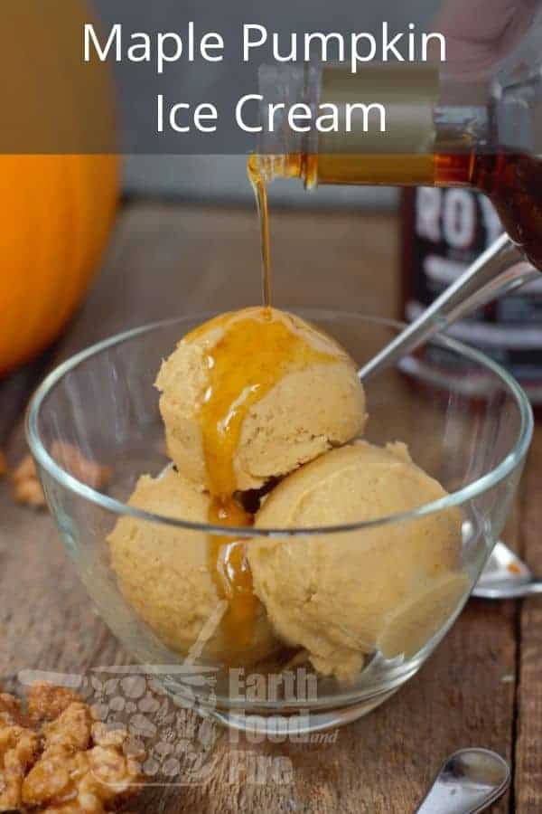 maple pumpkin ice cream served in a glass dish and drizzled with fresh maple syrup
