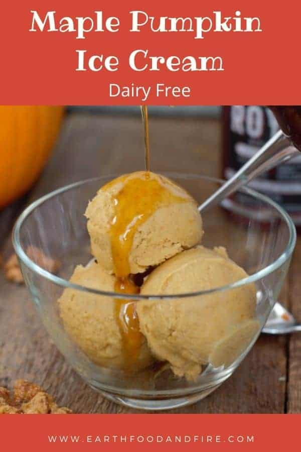 maple pumpkin ice cream in a glass bowl pinterest image overlaid with a red banner and text