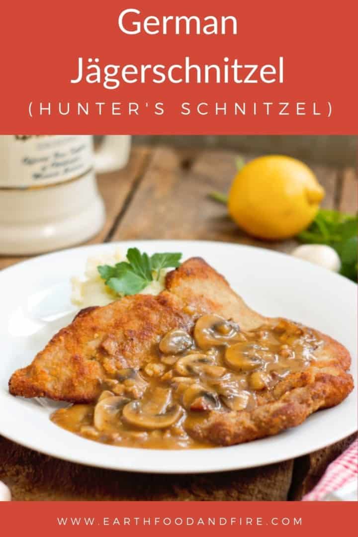 vertical pinterest image of German Jägerschnitzel overlaid with a text banner