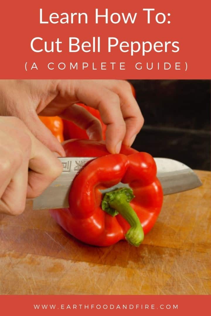 a bell pepper being cut with pinterest banner text overlaid