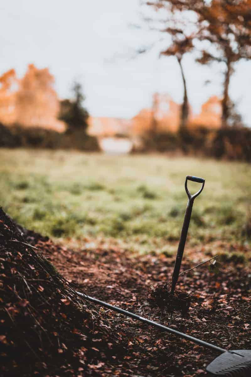 a fall inspired image of a shovel stuck in the ground beside a compost pile