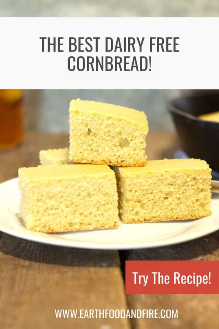 pinterest image of dairy free cornbread cut and stacked on a white plate