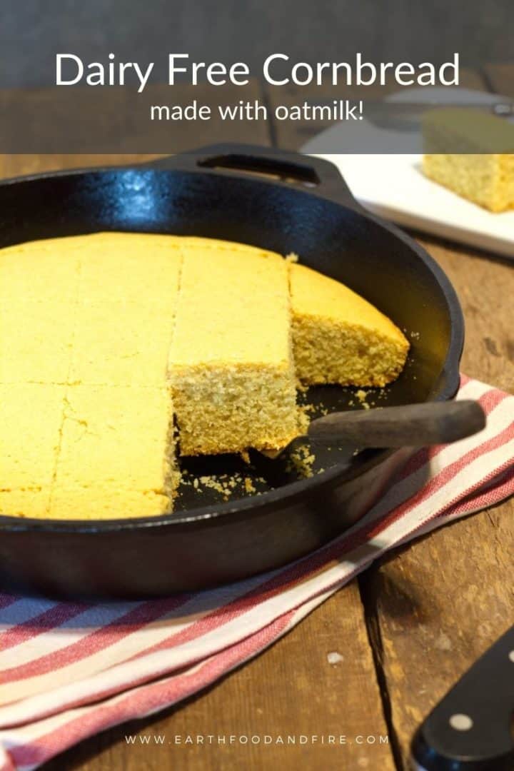 Pinterest image of dairy free cornbread in a cast iron pan