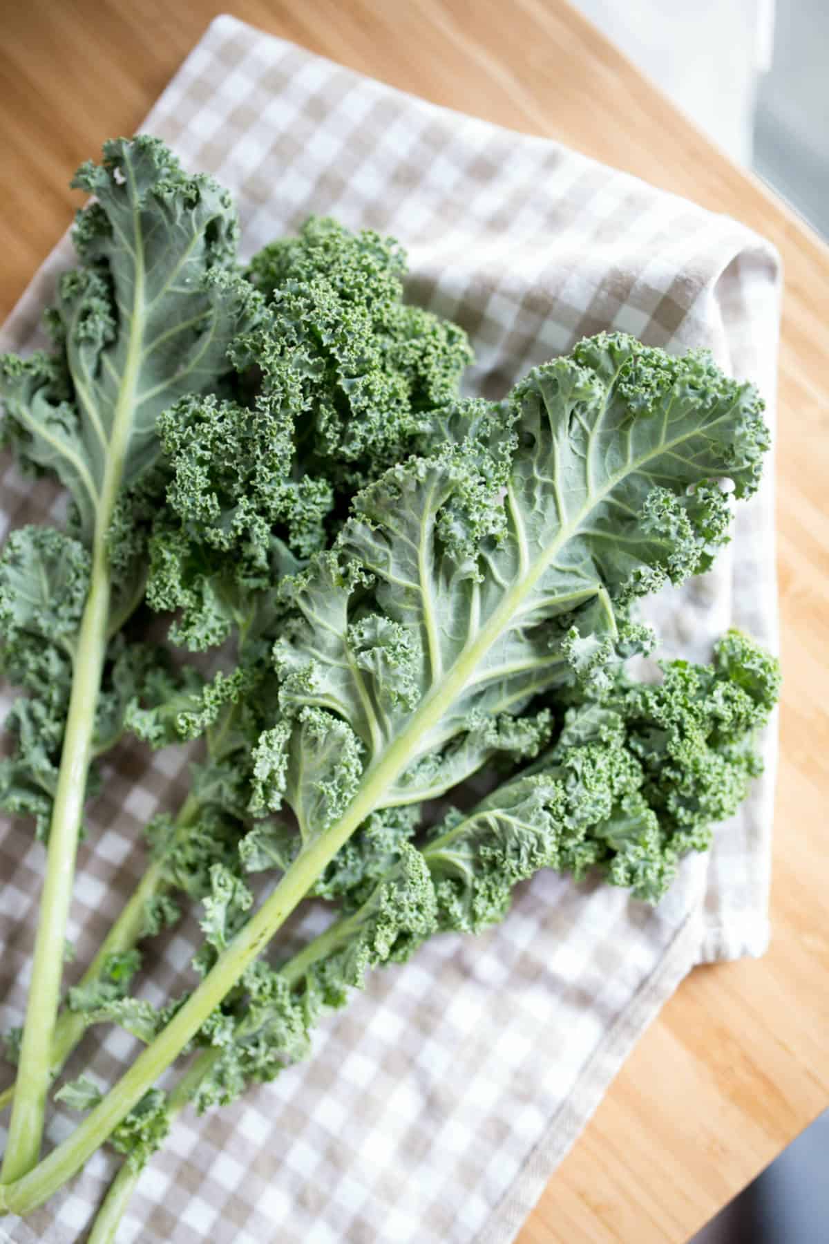 harvested kale leaves on a checkered kitchen cloth on a wood board