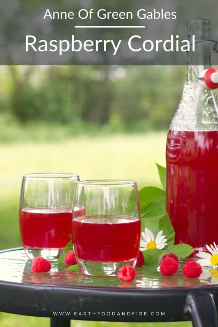 Pinterest image of raspberry cordial in two glasses and a pop top glass bottle, inspired by the 'Anne of Green Gables' novel.