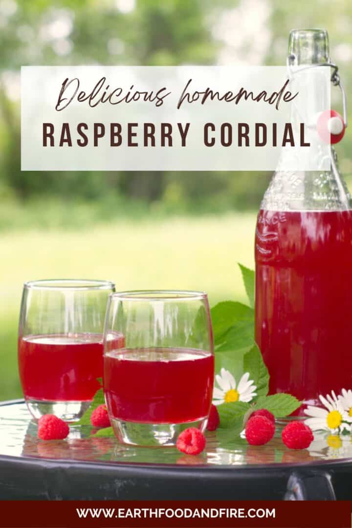 pinterest image of raspberry cordial served outside in two short glasses on a glass table