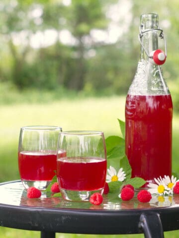 two short glasses and a glass pop top bottle of raspberry cordial on a glass table in the garden.