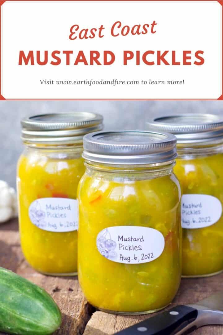 A vertical pinterest image of three jars of mustard pickles in glass jars. The jars are displayed on rustic wood boards. The image is overlaid with a banner reading