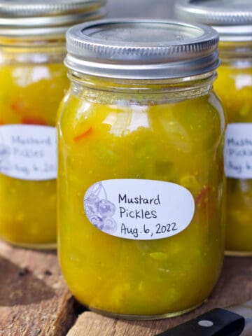 A square image of three jars of fully processed, and labeled mustard pickles displayed on rustic wooden barn boards.