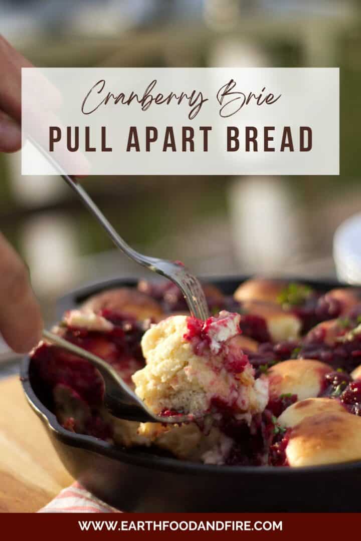 Close up of cranberry brie pull apart bread being served with a fork.