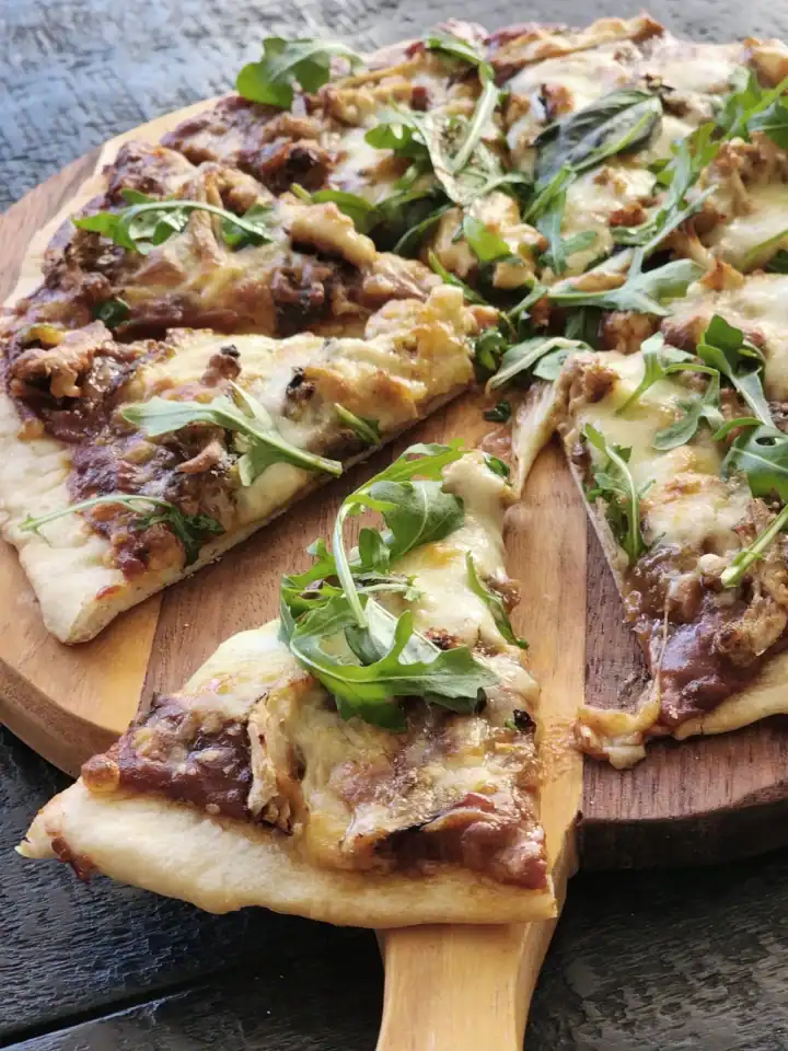 Homemade pizza with BBQ chicken ready to eat