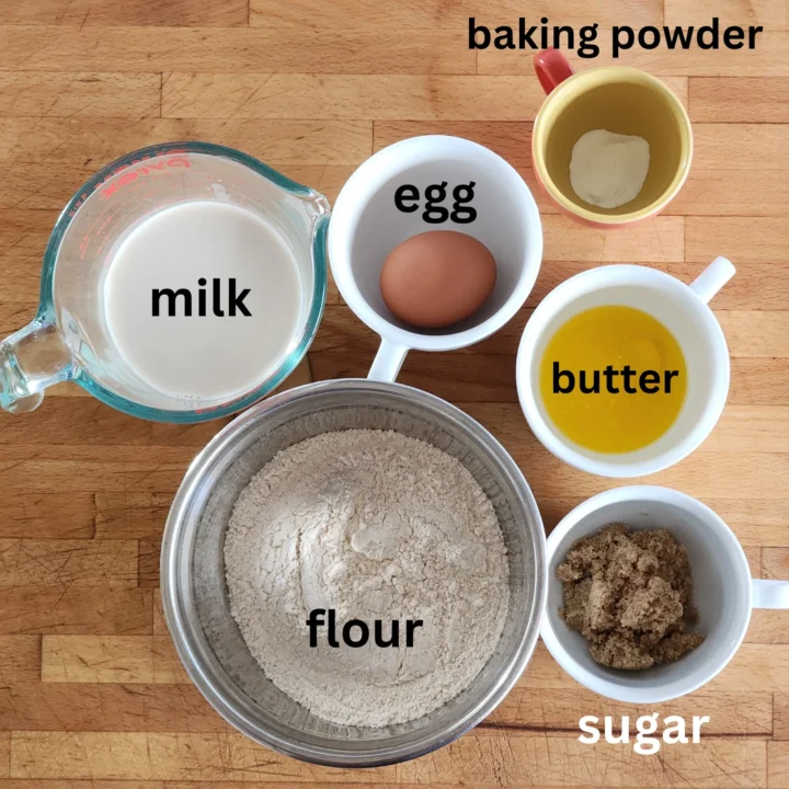 mini pancakes recipe ingredients - milk, egg, baking powder, butter, flour, sugar
