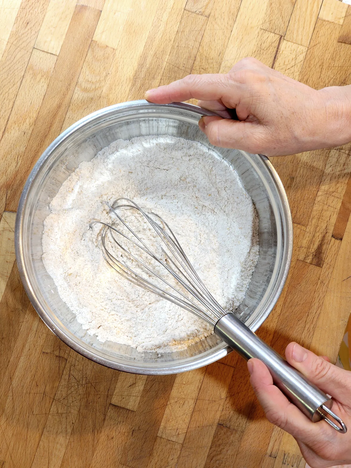 Mixing dry ingredients for mini pancakes
