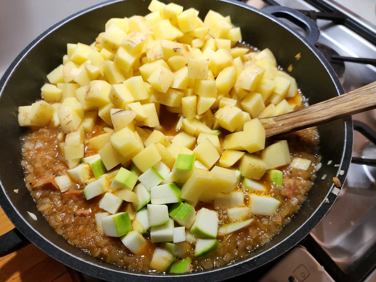 Add diced potatoes and zucchini to potato goulash