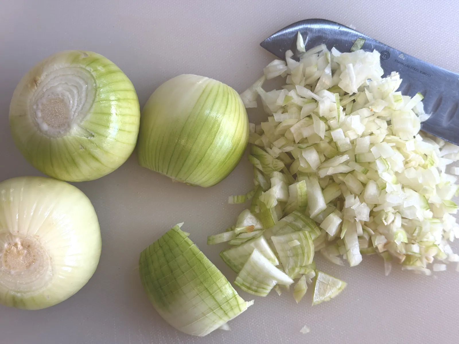 Diced onions for the potato goulash
