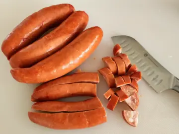 Diced smoked sausage for the potato sausage goulash