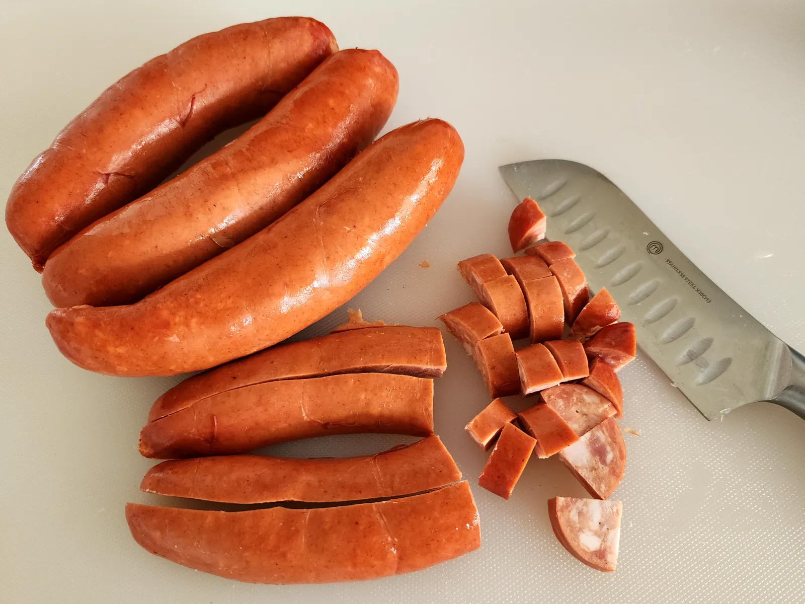 Diced smoked sausage for the potato sausage goulash