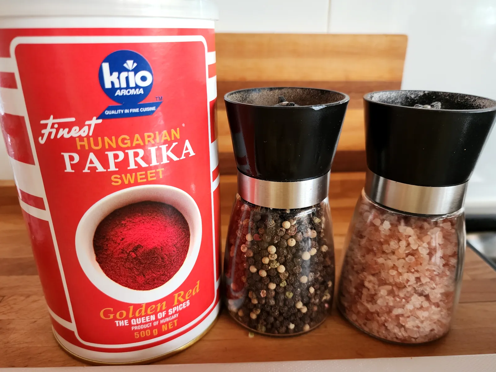Spices for potato goulash with sausage - hungarian sweet paprika, pepper and salt