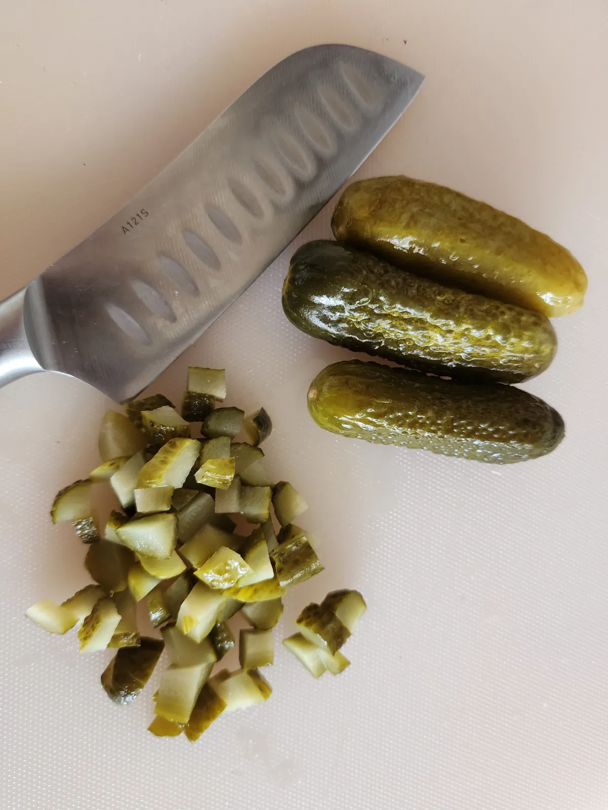 Diced pickled cucumbers for potato salad