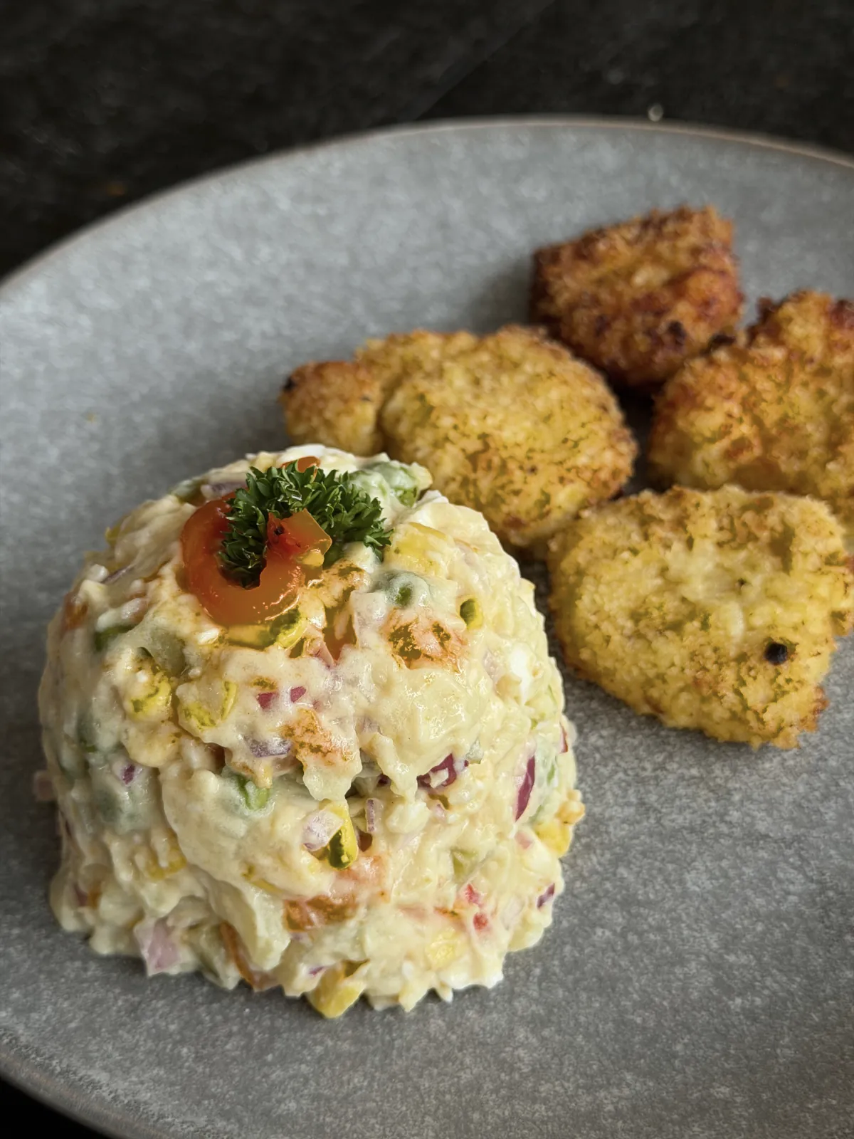 Potato salad with homemade chicken nuggets